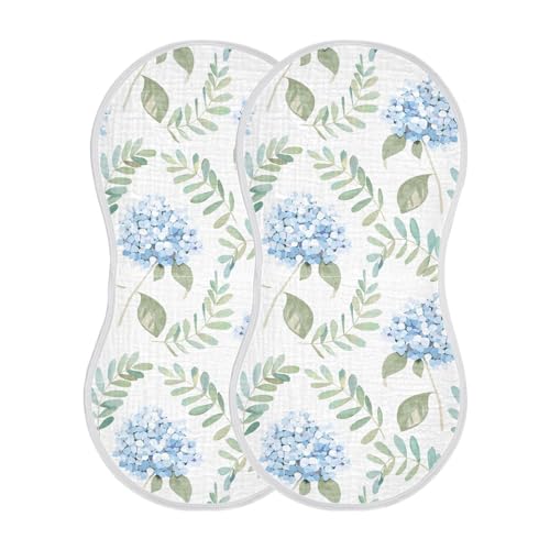 Muslin Baby Burp Cloths, Blue Floral Hydrangeas with Leaves Baby Bibs Rags Comfy Soft Absorbent in for Newborn Boys and Girls 2 Piece 22 x 11 Inch