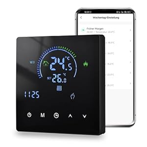 Arpokcoe Thermostat Fussbodenheizung, WiFi Raumthermostat Fußbodenheizung Für Wasser, Thermostate Heizung Kompatibel mit Tuya, Alexa, Google Home, 230V 3A, Schwarz