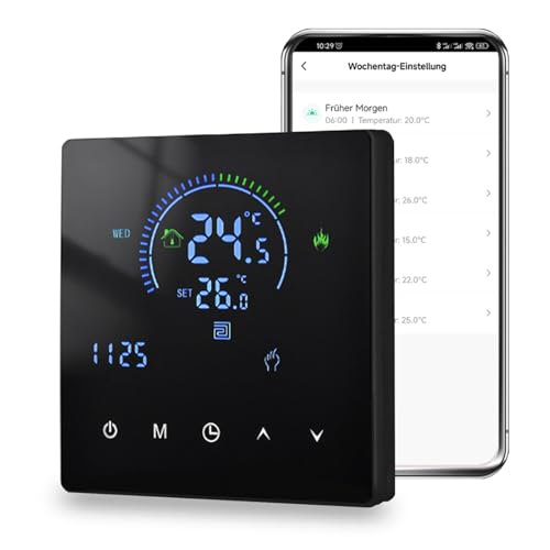 Arpokcoe Thermostat Fussbodenheizung WiFi Raumthermostat Fußbodenheizung Für Wasser Thermostate Heizung Kompatibel mit Tuya Alexa Google Home 230V 3A Schwarz