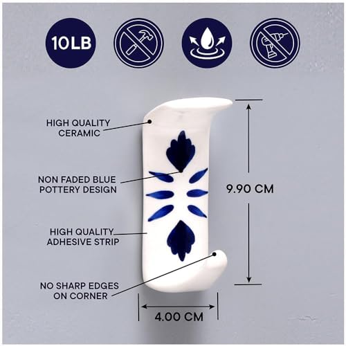 Indian Shelf Boho Ceramic Adhesive Wall Hooks - Damage-Free Decorative Blue Pottery Hangers for Keys & Towels, Renter-Friendly Stick-On Home Décor - 3 Hooks with 6 Strips(Style 3) by Indian Shelf - Image 7