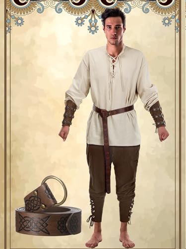 Jiuguva 4 Pcs Halloween Men's Renaissance Costume Set Medieval Pirate Shirt Ankle Banded Pants Viking Belt Accessories