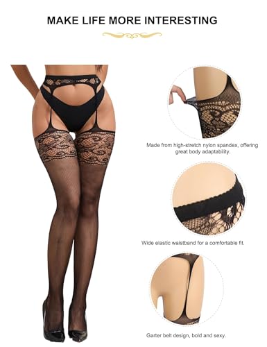 Image of Suspender Tights Stockings for Women Sexy Lace Pantyhose with Garter Belt Plus Size XS-5XL