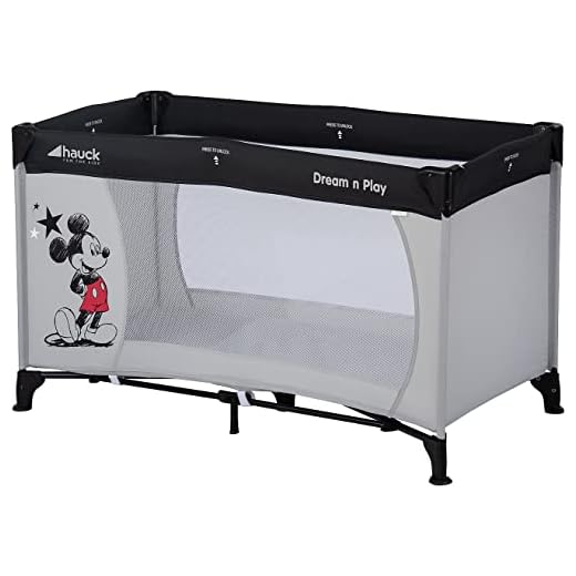 hauck Lit Parapluie Dream N Play 120 x 60 cm - Pour Bébés et Enfants de la Naissance à 15 kg, Léger, Pliage Compact, Sac de Transport et Fond Pliable Inclus, Gris-Noir Mickey Stars