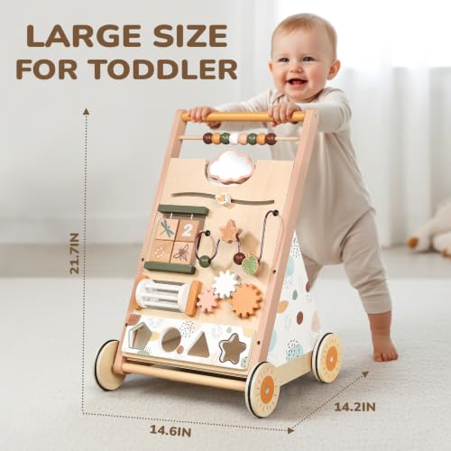 Image of Joyreal Wooden Push & Pull Toy Montessori Baby Activity Center for Toddlers | Adjustable Speed, 8-in-1 Baby Activity Cube, Shape Sorter, Sit-to-Stand, Christmas First Birthday Gifts, 12+ Months, Morandi