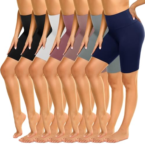 ZOOSIXX 7 Pack High Waisted Biker Shorts for Women, 8 Soft Yoga Workout Black Athletic Shorts