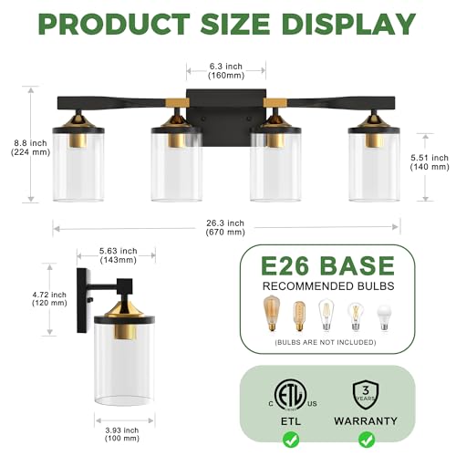 Image of DORESshop 4-Light Bathroom Vanity Light, Black and Gold Bathroom Light Fixtures, Modern Vanity Lights for Hallway Bedroom Living Room