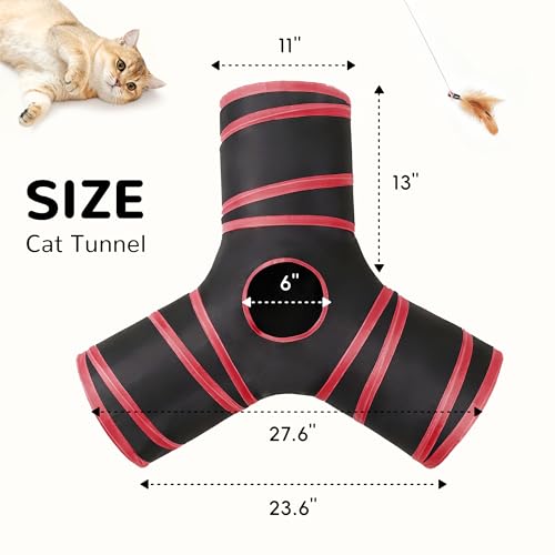 Image of Tempcore Cat Tunnel for Indoor Cats, 3 Way Collapsible Pet Play Tunnel with Teaser Wand, Peek Holes & Hanging Ball, Interactive Tube for Kittens & Rabbits, Black & Red