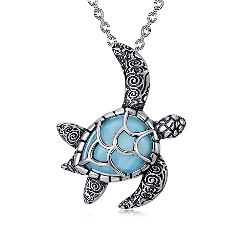 OCJ Turtle Necklace 925 Sterling Silver Sea Turtles Dolphin Seashell Pendant Necklace with Larimar Turquoise Opal Beach Ocean Jewelry, Turtle Gifts for Women Her Wife Daughter Birthday Graduation