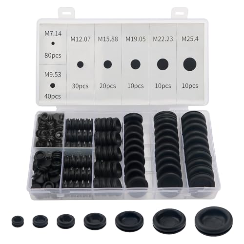 YIXISI 200 PCS 7 Sizes Rubber Grommets Kit, Conductor Gasket Ring Grommets, Black Rubber Hole Plugs Electrical Wire Gaskets