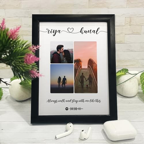 Image of Ritwika's Synthetic Wooden Personalized Pictures Collage Square Tabletop Photo Frame - Customizable Spotify Song & Photos - Plaque For Loved Ones, 7.5 x 9.5 Inch, Set of 1, Black
