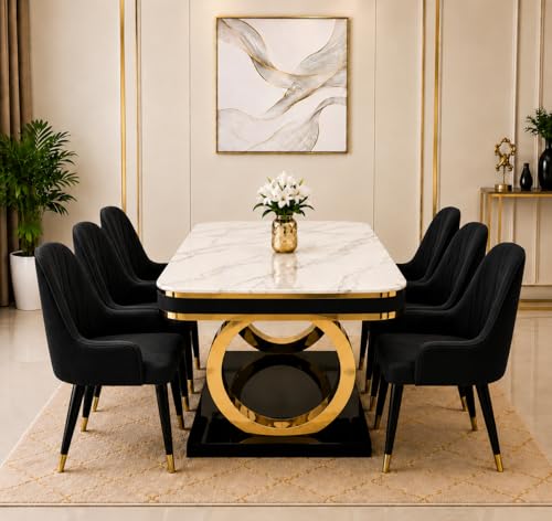 Image of 6-Seater Dining Table with Nano Composite Marble Top and PVC Golden Wooden Base |2yr Warranty - Includes 6 Fabric Upholstered Chairs (Black, White Nano Composite Marble Top)