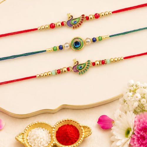 Image of maalpani Stylish Peacock Design Rakhi Set for Brother (Set of 3) | Designer Rakhi for Brother Men Boy Bhaiya, Rakshabandhan Rakhis | Roli Chawal | Raksha Bandhan