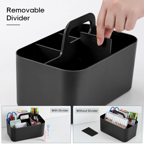 Image of Multiuse Caddy Organizer with Handle, Portable Divided Plastic Tote Bin - Art Craft, Stationary Pen Marker Crayons, Makeup Hair Supplies Storage - Bathroom, Classroom, Dorm, Office, Desk Holder -Black