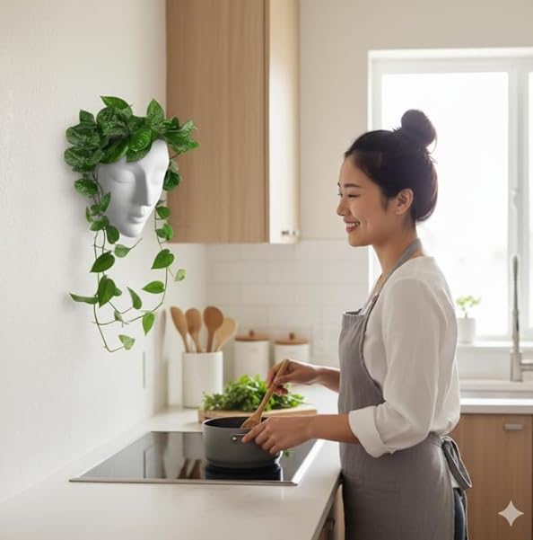 Image of Wall Mounted Face Planter Set, Black and White, Decorative Indoor Plant Holder, Modern Home Decor, 4 Pieces (Plastic) (4)