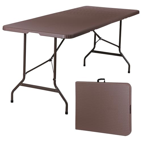 SUPER DEAL 6FT Folding Table for Indoor Outdoor, Portable Heavy Duty Fold-in-Half Plastic Dining Picnic Party Camping Table with Carrying Handle, Brown