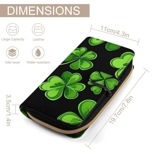 Irish Four Leaf Lucky Clovers Happy St. Patrick's Day Women's Long Wallets Leather Card Holder Purse Zippered Buckle Clutch Handbag2