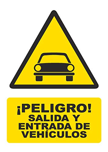 Seribas Señal Peligro Salida y Entrada de Vehiculos, Cartel de PVC 0,7 mm A4 21 x 30 cm Tinta y Material Resistente Interiores y Exteriores
