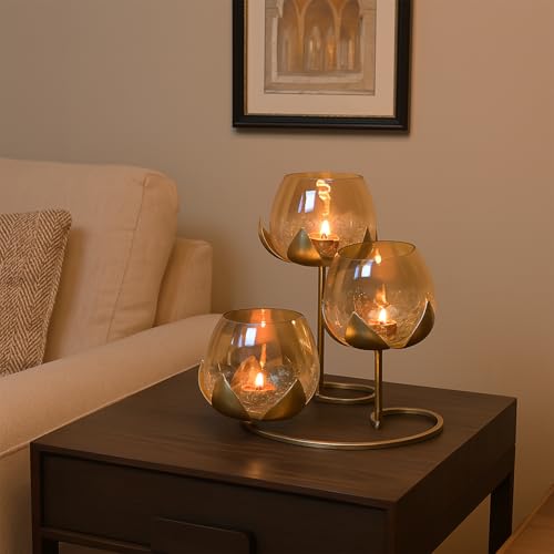 Image of MARKET 99 Metal + Glass 3 Votive Lotus T-Light Holder | Golden Decorative Candle Stand for Christmas, Diwali, Birthday & Wedding | Elegant Home Decor Tealight Holder for Festive Gifting