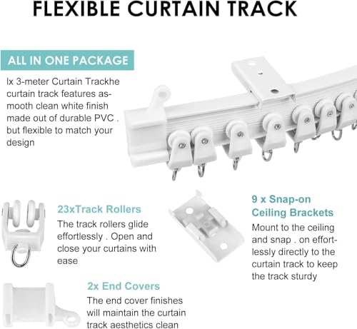 M.J COMFY-LIFE 3 Meter Bendable Curtain Track, Flexible Ceiling and Wall Mount Curtain Rail for Bay Windows, RV, Room Divider, and Shower Curtains - Image 6