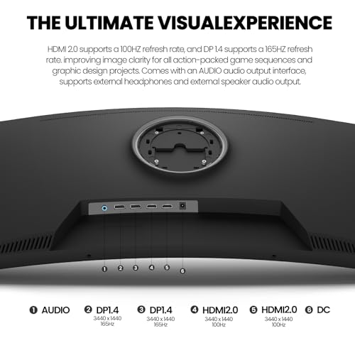 Image of CRUA 34 inch WQHD 165Hz Ultrawide Curved Gaming Monitor, 1500R, FreeSync, Black | 3440x1440 21:9, 120%sRGB, Low Blue Light, HDMI 2.1 /DP 1.4 and 75x75mm Wall Mount for PC Gaming, Streaming, Editing and Work