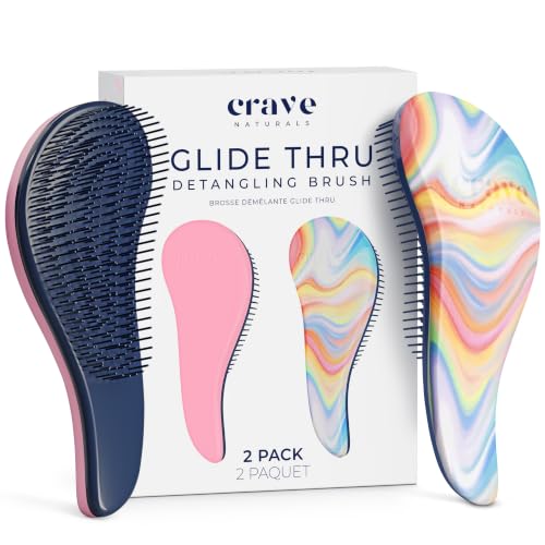 Crave Naturals Glide Thru Detangler Brush Pack of 2 - Curly Hair Brush for Women and Kids - Wet and Dry Comb for Adults - Soft Flexible Bristles for Gentle Use - Pink and Soft Hazy Swirl