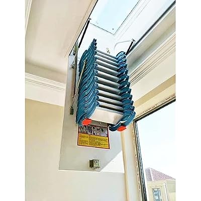 EQCOTWEA 12 Step Attic Ceiling Loft Ladder, 9.8ft Pull-Down Ceiling Folding Ladder, Carbon Steel Telescoping Loft Stairs Load 660lbs, 31.5x35.4in Blue-White Hidden Retractable Stairs