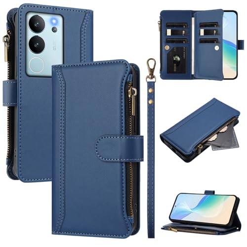Rfvzubemok Compatible with Vivo Y200 5G V2307,Compatible with Vivo V29e V2317 / V30 Lite 5G Cover,Flip Kickstand Double Card Slots Zipper Wallet Case Blue