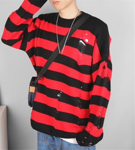 Men's Striped Punk Knit Pullover - Hollow-Out Loose Large Size Harajuku Streetwear Jumper3