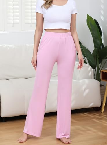 Image of Veseacky Womens Wide Leg Yoga Pants High Waisted Comfy Casual Loose Pants Lightweight Loose Casual Pajama Pants with Pockets(Pink,XXL)