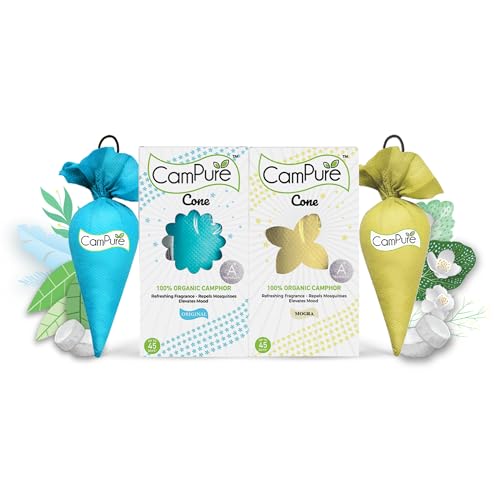CamPure Camphor Cone (1 Original + 1 Mogra) Pack Of 2-100% Organic | Air Freshener For Car, Wardrobe, Office Cabin's, Drawers, Travel Bag & Bathroom