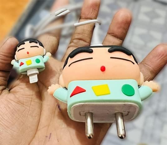 Image of DIVERTS Charger Case Cover 360 Degree Full Protection Cover Funny Cartoon Character Compatible for iPhone 18-20W Silicone Protective Charger Cover Cable Protector (SHIN Cartoon Design) Multicolor