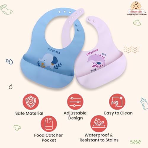 Image of Infantso Silicone Ultra Light Waterproof Baby Bib for Feeding & Weaning Babies & Toddlers with Food Cather Pocket, Washable, Reusable, Non Messy Easy Cleaning, No Odour, Adjustable Button Neckline