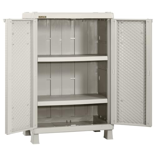Rimax | Armario Plástico Mediano Almacenamiento Organizador Gabinete 2 Estantes Ajustables Ideal Interior o Exterior Multiusos (Beige)