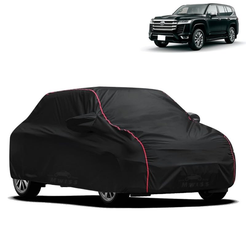 Image of Waterproof Car Cover for Toyota Land Cruiser | All-Weather Protection, Dustproof & UV Resistant | Triple Stitched Mirror Pockets, Windproof Buckle Strap with Elastic Hem, Black-Red Piping
