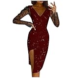 Women Summer Outfits, White Beach Dress Red Mini Tank Maxi Dresses for Casual Women's Sexy Mesh Sequins Long Sleeve V-Neck Split Midi Party Clubwear Dress Slim Sequined Pack Hip (XL, Wine)