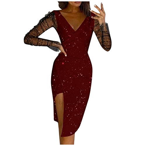 Glitzerkleid Damen Lang Langarm Silvester Kleid Damen Glitzer Sexy Curvy Abendkleider Elegant Für Hochzeit Silvesterkleid Slim Abendkleid Glitzer...