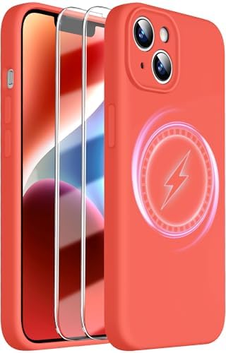 Dssairo Magnetic for iPhone 14 case,with 2× Screen Protector,Upgrade Liquid Silicone,Upgrade Camera Protection,Military-Grade Drop Shockproof Protective Slim Cover,Light Coral