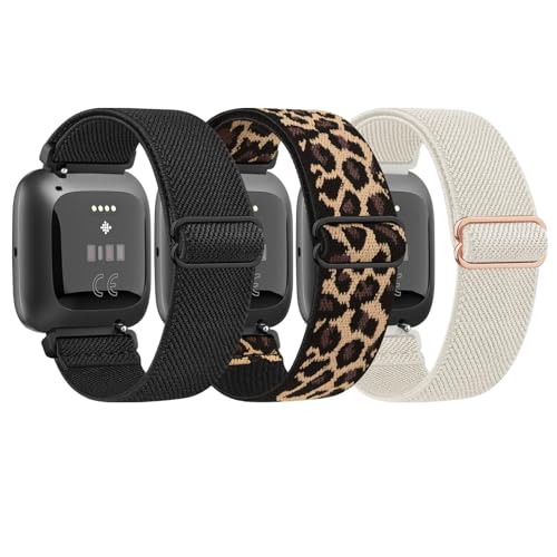 Vancle 3 Stück Armband für Fitbit Versa 2/Versa/Versa Lite/SE Nylon Elastisch Verstellbares Uhrenarmband Herren Damen Schwarz/Leopard/Starlight