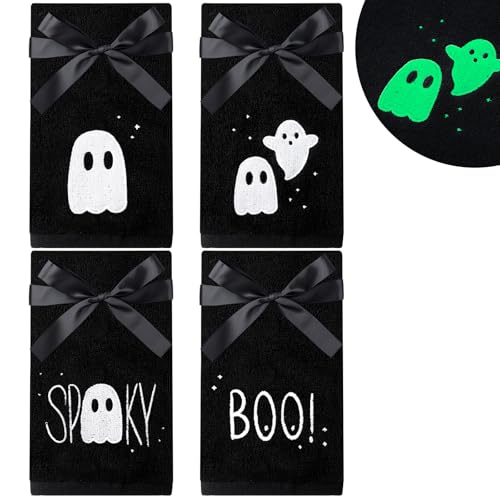 FuWeave 4 Sets Halloween Kitchen Bathroom Hand Towels Boo Ghost Spooky Happy Halloween Glow in The Dark Towels Bath Clothes Embroidered Cotton with Luminous Cloth Patch, Need to Absorb Sunlight