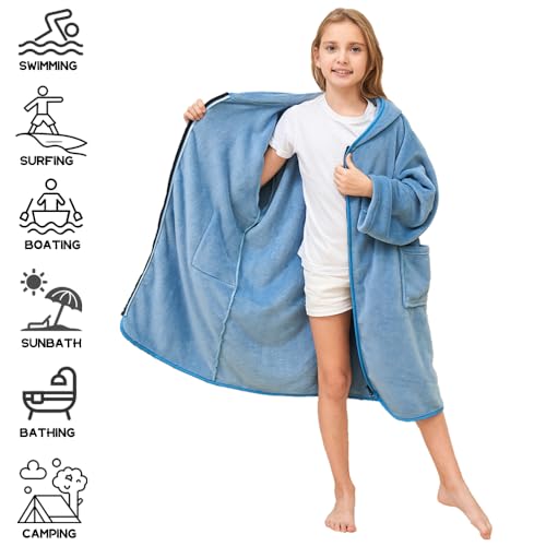 Hiturbo Kids Hooded Towel Robe: Changing Zipper Bath Robe Poncho Towelling for Swimming Beach Surfing Home