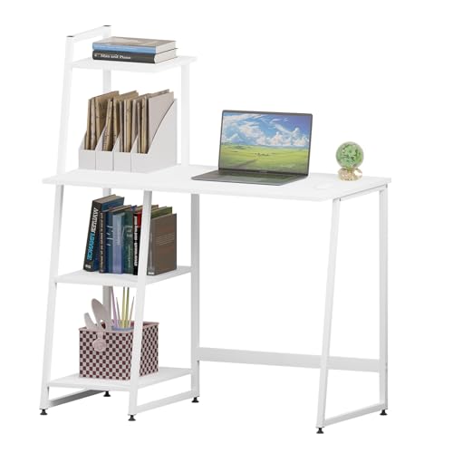 eSituro Escritorio de Ordenador con 3 Estantes, Mesa de Trabajo para Oficina y Estudio, Estructura Madera y Metal, Escritorio de Estilo Moderno, Blanco 100x50x118 cm,Blanco, SCD0219
