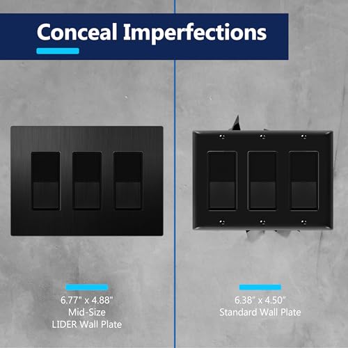 Image of LIDER Screwless Metal-Surface Wall Plate, Decorator Switch Cover, Temperature and Impact Resistant, Modern Decoration Upgrade, Mid-Size 3-Gang, 4.88 inch x 6.77 inch, UL Listed, Stainless Steel, Brushed Black