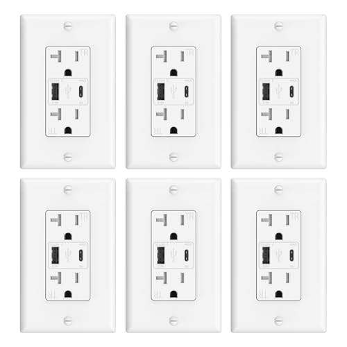 ThunderWay USB C Wall Outlet 20 Amp Power Outlet with USB C Ports 21W Electrical Outlets Receptacles with Fast Charging Ports Tamper Resistant Wall Plate Included ETL Listed White 6 Pack