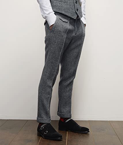 Mens Pants Herringbone Vintage Dress Pant Hemmed Pleated Suit Pants3