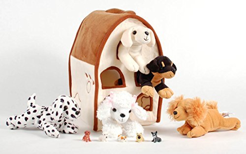 Unipak 12" Plush Dog House Carrying Case With Five (5) Stuffed Animal Dogs (Dalmatian, Yellow Labrador Retriever, Rottweiler, Poodle, And Cocker Spaniel) + Free Bonus Five Mini Puppy Figures #TOP1