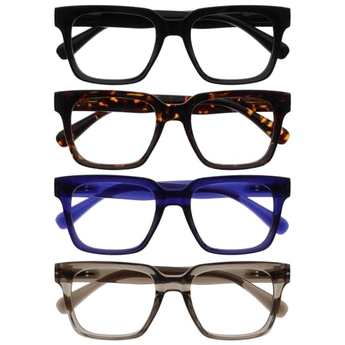 Image of OPULIZE ERA Blue Light Blocking Reading Glasses for Women & Men-Anti-Glare-UV400 Lenses-Oversized Frame-Computer Screen Glasses-Black Brown Blue Grey-+1.50(Pack 4 of with 4 Pouches)