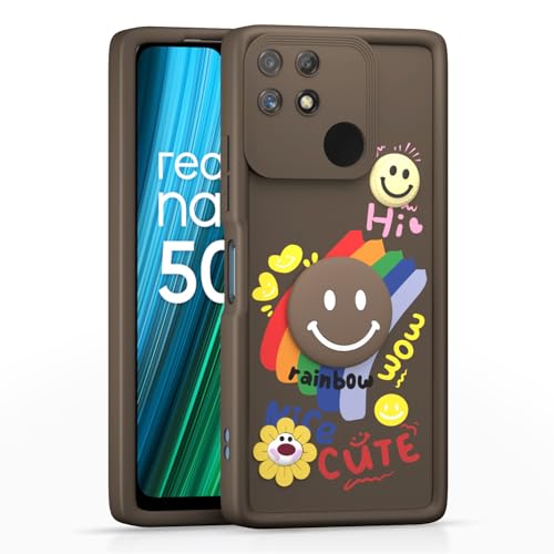 Image of Pikkme Back Cover for Realme Narzo 50A | Soft Silicone| Cute Rainbow Smile & 3D Cartoon Flower Design | Shockproof Raised Camera Protection Bumper Case (Brown)