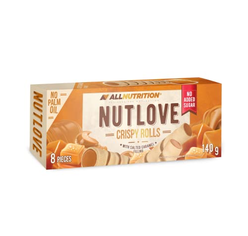 ALLNUTRITION Rollitos de Gofres Crujientes con Relleno Apto Snack para Antojos Sin Azúcar Añadido Sin Aceite de Palma Bajo en Calorías Endulzado con Maltitol Caramelo Salado 1 Pack x 140 g