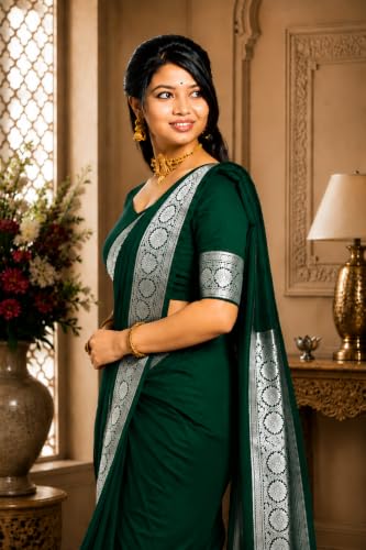 Image of Women's Glory Banarasi Satin Silk Saree Plain Silver Zari | Unstiched Blouse Piece Included.