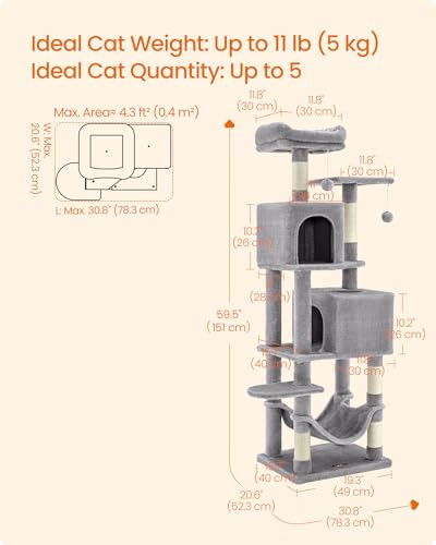 Image of Feandrea Cat Tree, 59.5-Inch Tall Cat Tower, Plush Multi-Level Condo with 5 Scratching Posts, 2 Perches, 2 Caves, Hammock, 2 Pompoms, Light Gray UPCT192W01